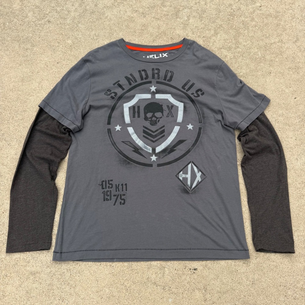 Helix Mens XL Gray Long Sleeve Graphic T-Shirt Skull Shield Layered Look Tee